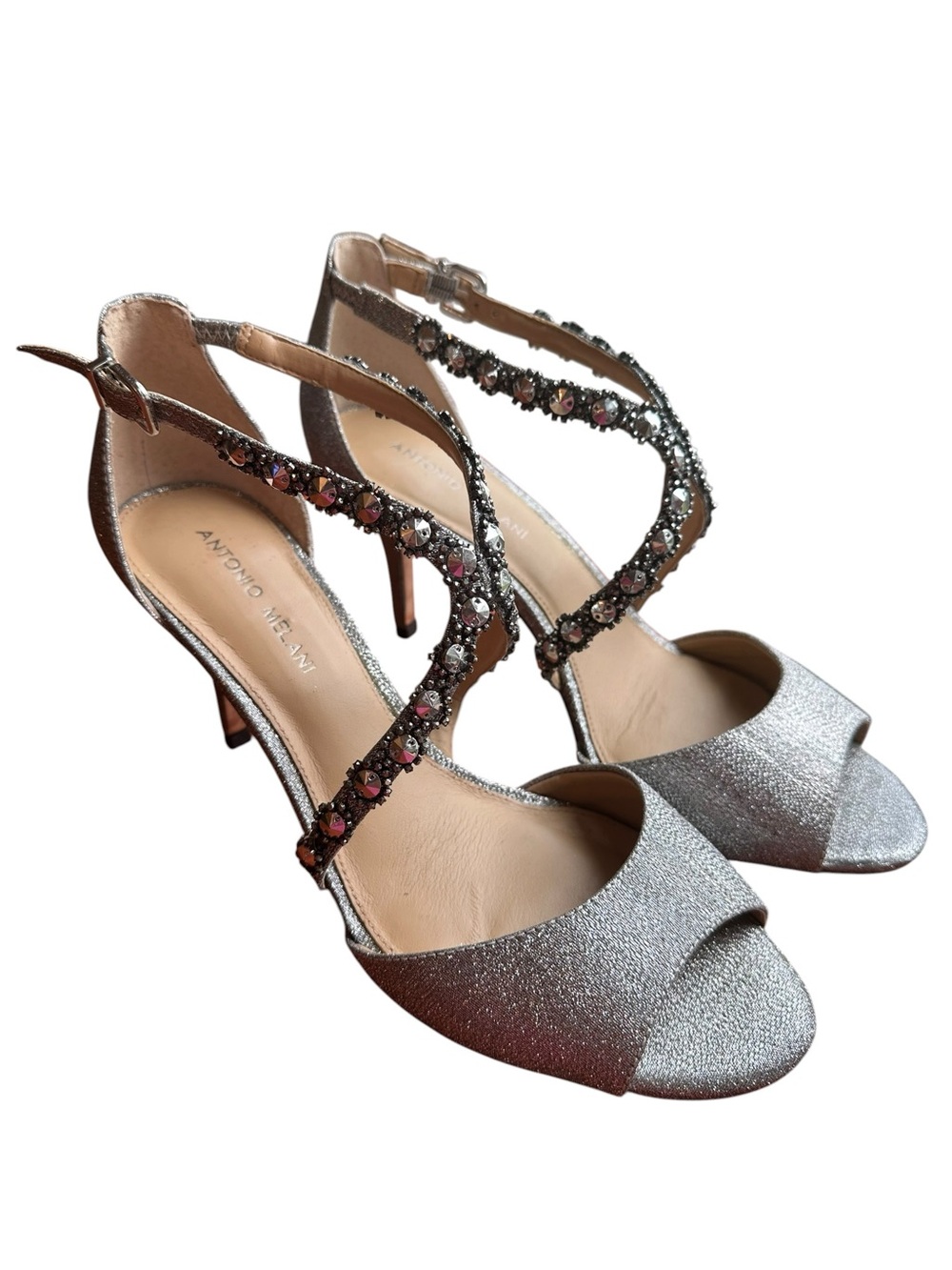 🧡 Antonio Melani Silver Embellished T-Strap Dress Sandals 🧡